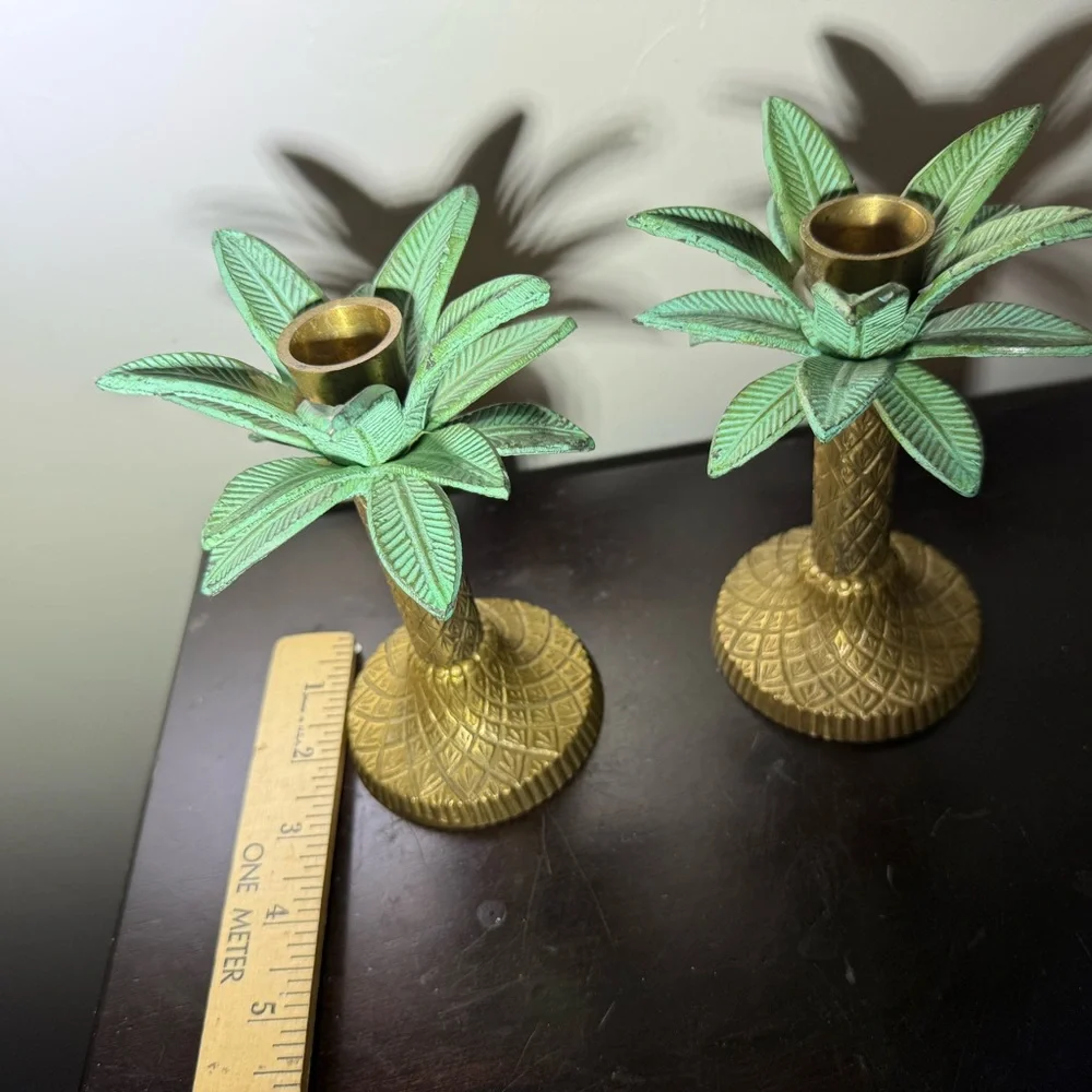 2 Vintage Brass‎ Palm Tree Taper Candle Stick Holders  Tropical Decor 6” H Green